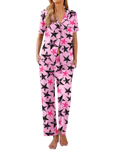 Image of Ekouaer Womens Pajamas Set Short Sleeve Button Down Top & Pants Lounge Pjs | Soft Sleepwear with long pants, ideal for Home relaxation, Wedding, Party, Daily Wear & Breastfeeding