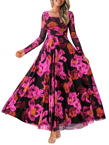 BTFBM Women Maxi Dress Fall 2025 Fashion Elegant Long Sleeve Square Neck Floral Print Party Club Wedding Guest Dresses