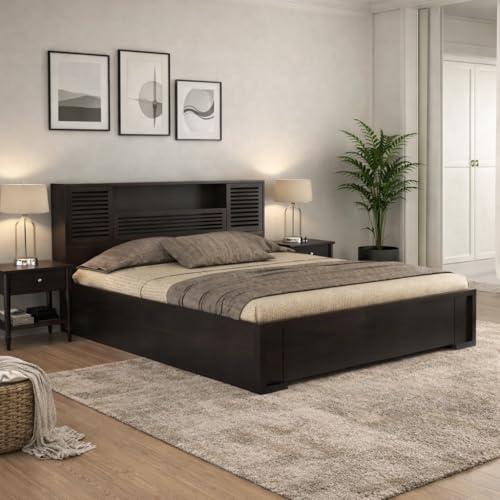 Image of Solid Wood Bed with Storage | Modern Wooden Bed with Slatted Headboard | Strong & Durable Bed Frame for Bedroom Home & Hotel (Walnut Finish, Queen)
