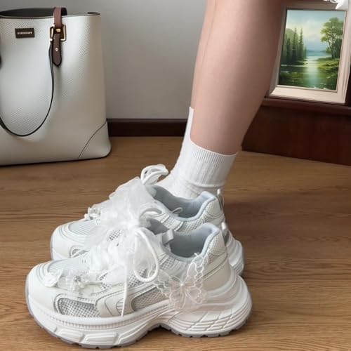 Women's Cute White Sneakers, Pearl Accent Dad Shoes Breathable Mesh Upper Bow Detail Butterfly Laces Platform Fashion Athletic2