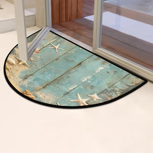Image of Half Round Doormat Wooden Background Starfish Shells Non Slip Half Circle Area Rugs Indoor Washable Half Moon Rug Semi Circle Bathroom Runner Mat Entrance Floor Carpet for Kithen Bedroom Fireplace
