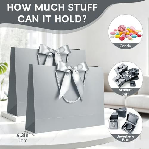 Image of JMANNI 12 Pcs Wedding Paper Gift Bags with Handle,13 inch Medium Thank You Gifts Bags with Ribbon Bow Bridal Shower Gifts for Baby Shower Graduation Holiday Birthday Party Supplies Mothers Day（silver）