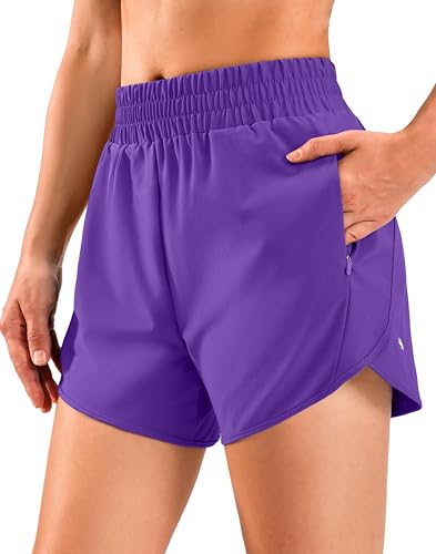 Soothfeel Womens 5 Running Athletic Shorts with Zipper Pockets Quick Dry High Waisted Workout Shorts for Women No Liner Purple M