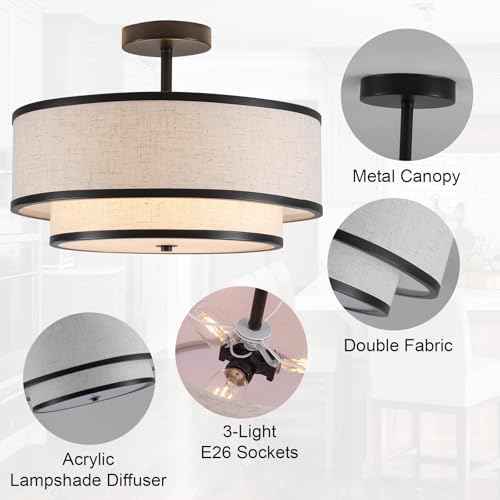 Farmhouse Close to Ceiling Light, 3-Light Flush Mount Ceiling Light Fixture with 2-Layer Fabric Shade, Modern Drum Ceiling Lamp for Hallway Bedroom Living Room (Black) - Image 4