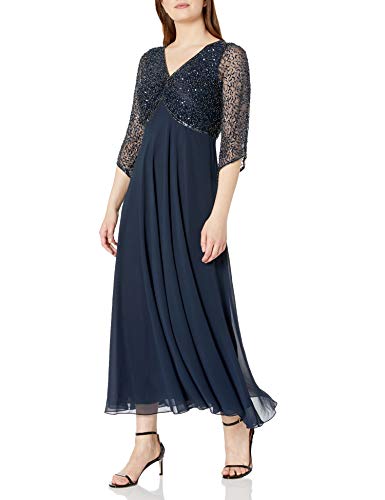 J Kara Women's 3/4 Sleeve Geo Beaded Gown, Navy/Gun/Silver, 12