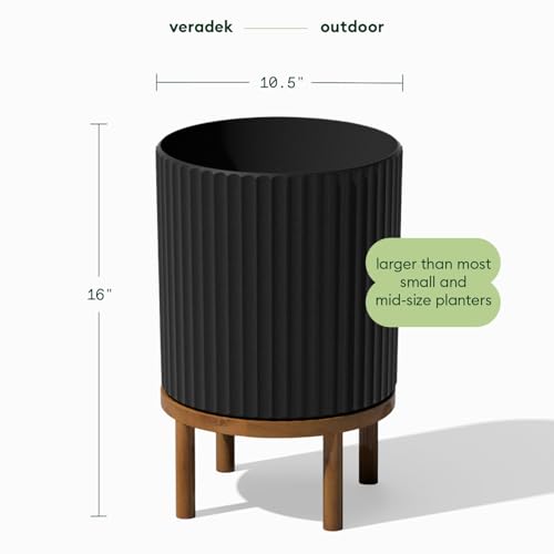 Image of Veradek Demi Series Raised Planter - Round Planter with Stand | Made From a Durable Plastic-Stone Composite & Comes With Wooden Stand. Modern Porch /Patio Decor