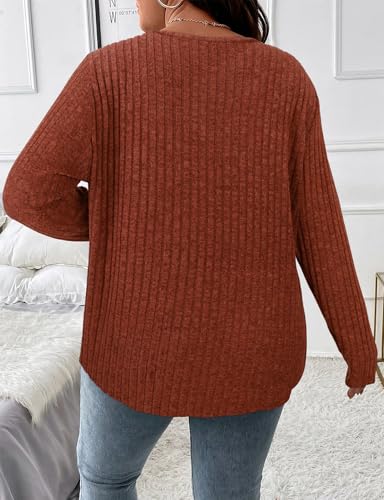 Koscacy Women Plus Size Casual Knit Sweater with Pocket V Neck Solid Color Tops Lightweight Long Sleeve Blouses2
