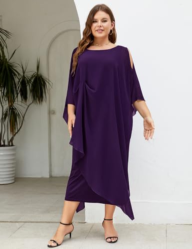 Image of ZOMVA Plus Size Elegant Formal Dress Long Cape Overlay Wedding Guest Formal Cocktail Mother of Bride Outfit, Dark Purple, 2X