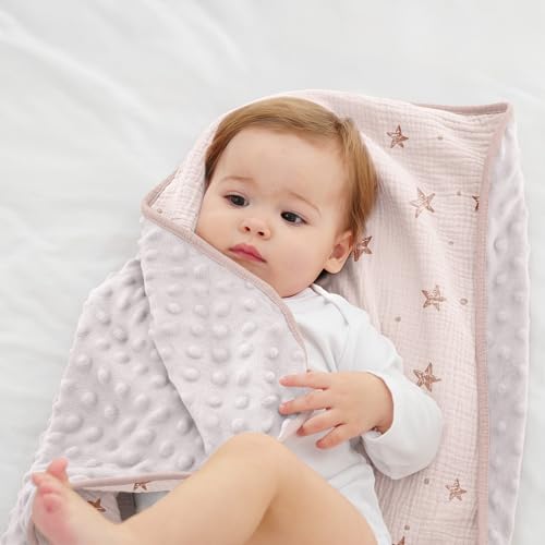 Image of Susurration Baby Blanket for Unisex Boys Girls, 2 Pack Soft Fluffy Crib Blankets with Muslin Cotton Front and Dotted Fleece Back, Receiving Blanket for Baby Newborn Infant, 30x40inch, Pink Star&Sand