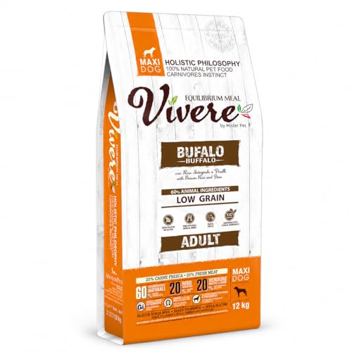 Vivere Adult Maxi Crocchette Cane Adulto con Bufalo, Mangime Secco Low Grain Gluten Free per Cani Taglia Grande, Alimento Completo con Omega 3, Prebiotici, Frutta ed Erbe, 12 kg