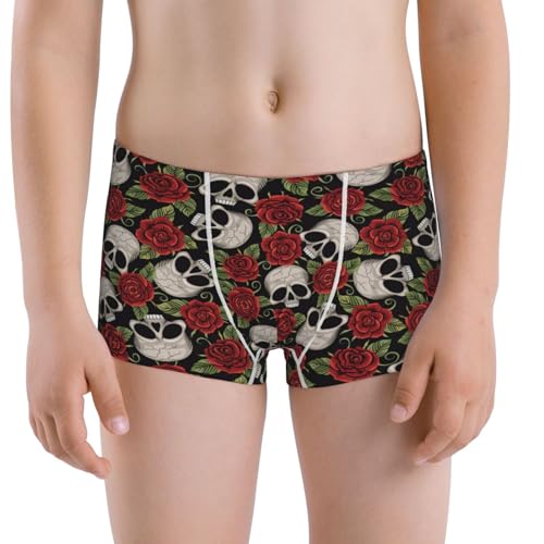Boys' Cotton Boxer Brief Soft Underwear-Red Rose Skull