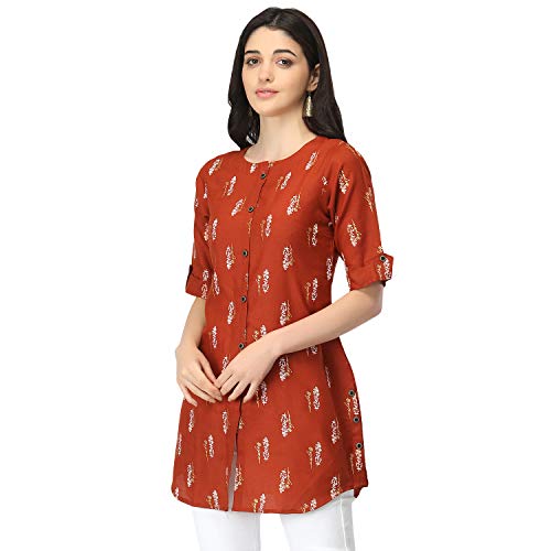 Image of OM SAI LATEST CREATION Slub Rayon Fully Stitched Anarkali Foil Print Kurti for Women & Girls on Jeans Palazzo or Skirt (Plus Size Upto 2XL) (Black)