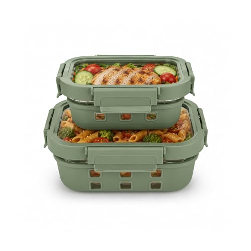 Image of Griplok Glass Lunch Box with Leakproof Lid, Borosilicate Food Storage Container with Silicone Sleeve, Airtight, Microwave /Dishwasher Safe (Forest Green, 1x640ml + 1x1050ml)