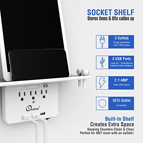 Socket Outlet Shelf -ON2NO Wall Outlet Extender with All Around Built-in Shelf, Multi Plug Outlet Surge Protector with Smart Night Light, 3 USB Charging Ports, 3AC Power Outlet Splitter - Thumbnail 4