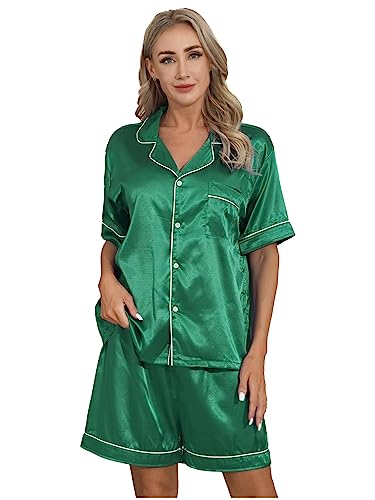 Hularka Men/Women's Pajamas Set Satin Silk Lounge Shorts Short Sleeve Shirt 2-Piece Nightwear Sleepwear2