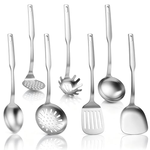 TeamFar Stainless Steel Cooking Utensils Set, 7 Pcs Kitchen Utensils, Heat Resistant Metal Kitchen Tools Include Solid & Slotted Turner/Spoon/Ladle/Skimmer/Pasta Server/Potato Masher, Dishwasher Safe