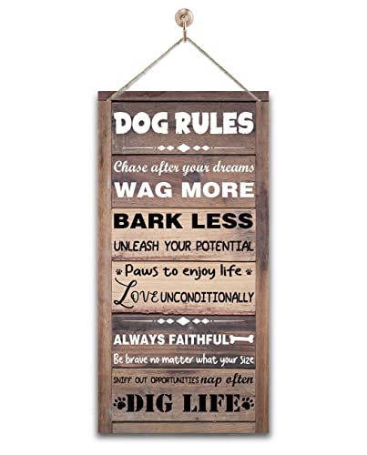 Gkwa Vintage Wooden Decorative Sign Dog Rules Home Signs Decor 12 x 6 x 0.12 Inches Brown & Black Wall Mount