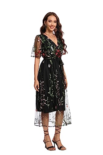Image of BaronHong Women's Floral Embroidered Tulle Prom Half-Sleeve V Neck Midi Dress with Waist Strap