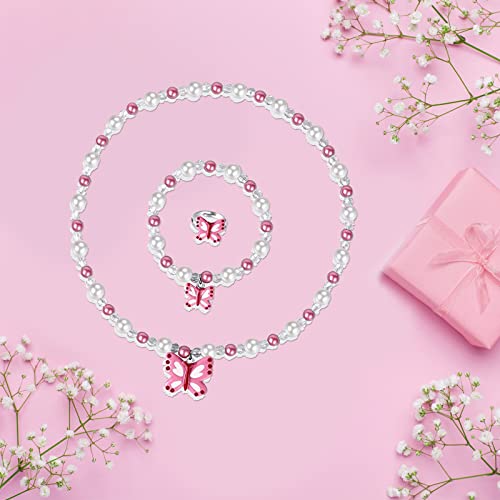 IOSPKKIO® Schmetterlings-Stretch-Halskette, kleines Mädchen Kleinkind Halskette Armband-Set, Inklusive rosa Beutel, kleine Prinzessin Schmuck Kinder Halsketten
