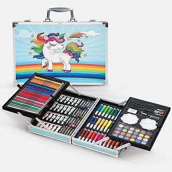 CIATO Unicorn Art Set 145 pcs for Kids - Complete Painting & Drawing Kit with Oil Pastels, Color Pencils, Watercolor, Sketch Pens & Brushes in Portable Suitcase, Creative Gift