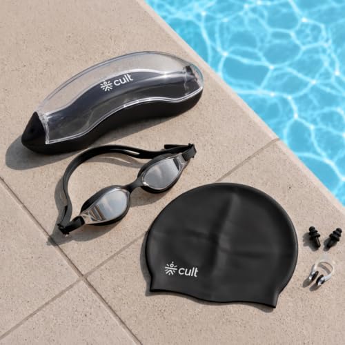 Image of CULT Swimming Cap Goggles with Ear Plugs & Nose Clip Set for Men & Women, Anti-Fog Swimming Goggles with Adjustable Strap, Silicone Swim Cap Combo for Training, Pool & Fitness, Black