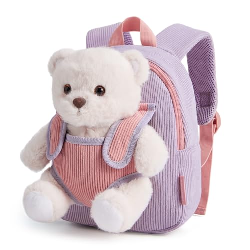 mommore Toddler Backpack with Detachable Bear Doll Boys Girls 2-4 Birthday Gift Corduroy Toddler Plush Backpack for Daycare