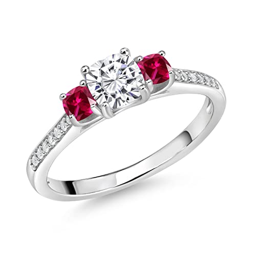 Gem Stone King 1.00 Cttw White Moissanite and Red Created Ruby Ring For Women | 925 Sterling Silver | 5MM and 3MM Cushion | 3 Stone Wedding Engagement Anniversary Promise Ring