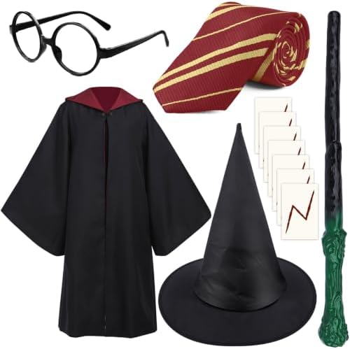 Magic Unisex Costume Robe Cape Accessories with Wizard Wand Magic Hat Glasses Frame Tattoo Tie for Adults Kids