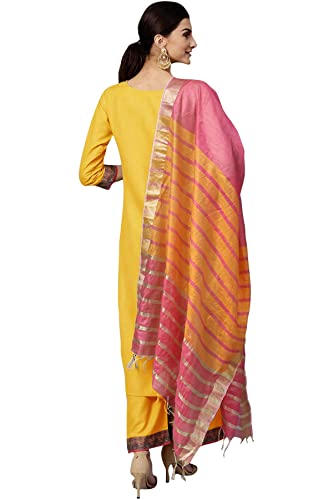 Image of Women's Cotton Straight Kurta Set with Plazzo and Duppata(EDT8120YLW1 Yellow Large)
