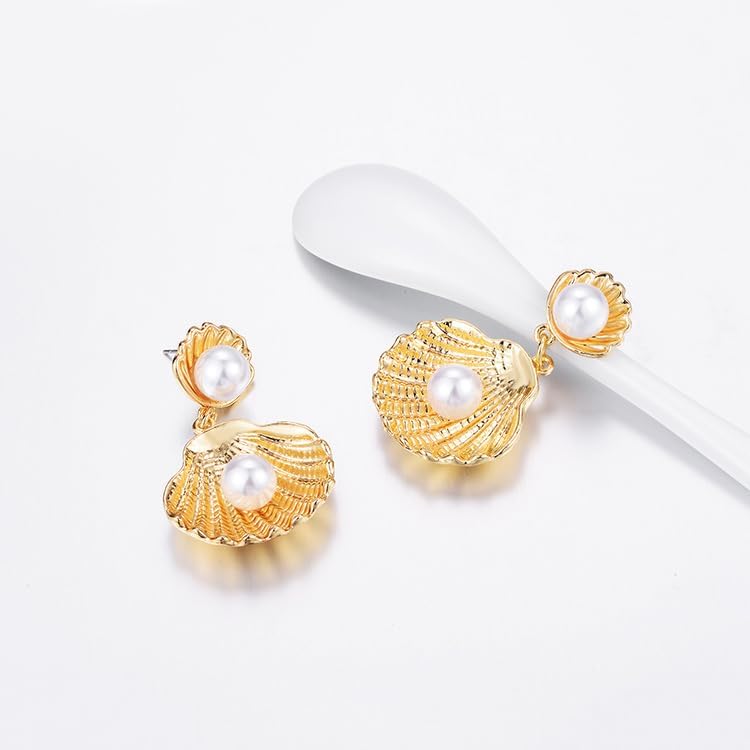 Miniatura 8 de Aretes colgantes de concha de mar de verano, aretes elegantes de sirena de perlas, aretes de cola de playa, concha, festoneada, aretes colgantes de