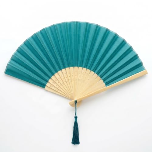 Image of Fabric Handheld Folding Hand Fan With a Tassel Grade A Bamboo Ribs for Women Girls Summer Party Event Favor Birthday Wedding Souvenir Gift (Deep Sky Blue)