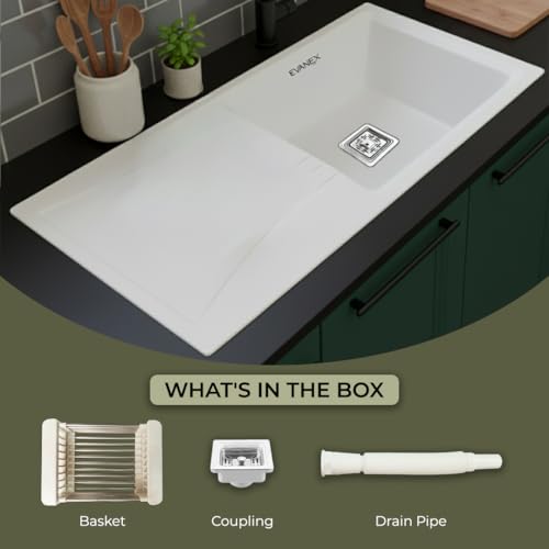 Image of EVANEX Quartz Sink for Kitchen|36x18x9 inch Kitchen Sink with Drain Board|Granite Sink for Kitchen Basin|White Quartz Kitchen Sink with Connector, Waste Pipe, Coupling and Drain Basket