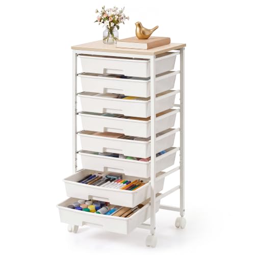 VASAGLE Carrito de Almacenamiento con 8 Cajones, Organizador con Ruedas, Carrito Auxiliar con Tablero de Madera, 39,5 x 28,5 x 76.5 cm, para Oficina, Salón, Blanco, Colección BENCO LRC006W101
