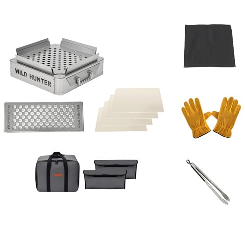 SABERtig アウトドア 焚き火台, ステンレス鋼製, 折りたたみ式, 45×45×30cm, バーベキュー/キャンプファイヤー用, 専用灰受けボックス付き, 四面通気構造, 防震収納バッグ付属 (セットメニューB)