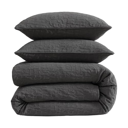 Image of HiEnd Accents Porto Matelasse 3 Piece Comforter Set with Pillow Shams, Queen Size, Cotton Charcoal Gray Textured Modern Boho Chic Casual Luxury Bedding, 1 Comforter, 2 Pillowcases
