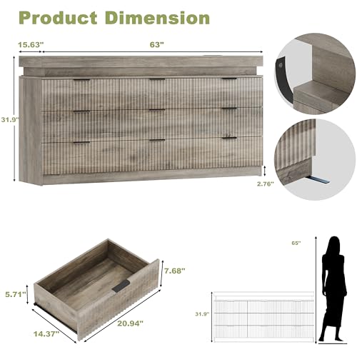 Image of 9 Drawer Dresser with LED Lights and Charging Station, 63 inch Wide Grey Wood Fluted Dresser for Bedroom, Modern Chest of Drawers for Closet Dresser TV Standt for Living Room, Entryway, Hallway