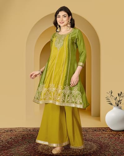 Image of Amazon Brand - Tavasya Women Poly Chinon Zari Sequence Cording Embroidered Regular Fit Kurta Set | Salwar Suit