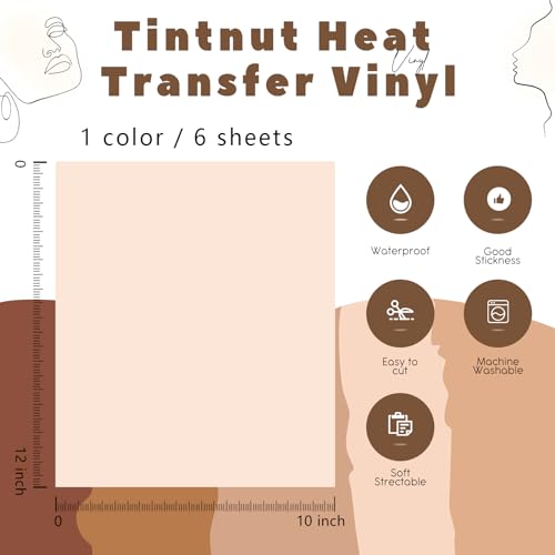 Image of Tintnut Shell Color Heat Transfer Vinyl,6 Pcs 12x10in Iron on Vinyl | Skin Tone PU HTV Sheets,easy cut & weed,stretch washable,works with iron & heat press for fabric crafts