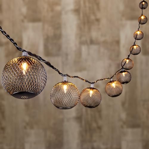 ALL FORTUNE Decorative Lantern String Lights Plug in with 10 Black Metal Ball, Connectable Waterproof Outdoor Decorative String Lights Indoor for Bedroom Patio Pergola Decor