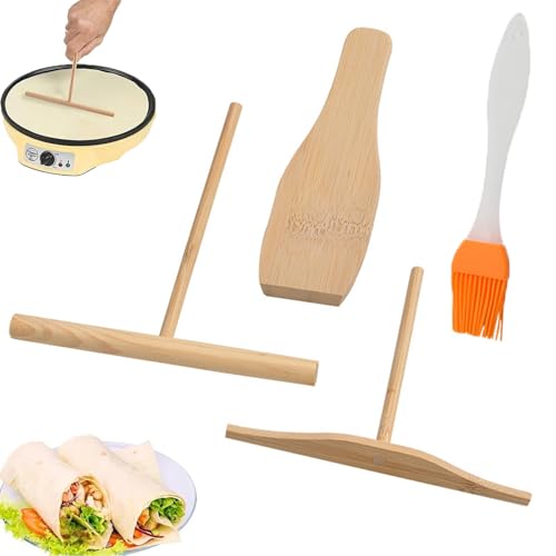 lurora2021 4 Piezas Espátulas de Crepes Juego de Crepes En Forma de T distribuidor Crepes Crepe Spreader Kit de Espátula Espátula Multiusos para Crepes para Crepes, Galettes Y Panqueques, Con 1 Pincel