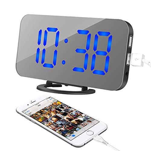 Oenbopo Alarm Clock, Led Digital Clock With 6.5" Large Display, Dual Usb Charging Ports, Snooze Function, Diming Mode, Black Body Mirror Surface Clock For Bedroom Living Room Office (Blue Digital) #TOP26