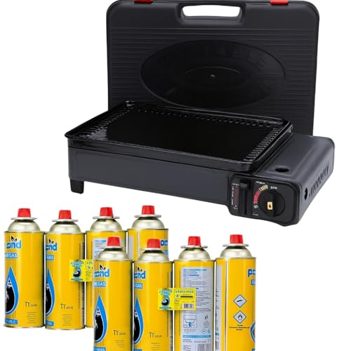 Portable Gas Stove Burner and 8 Gas Cans - Stainless Steel Compact Camping Stove - With Barbecue Grill Plate, Drip Tray, Tongs and Carrying Case for Outdoor BBQ, Picnics or Travel Cooking
