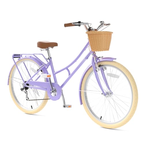 Image of XJD 20 24 26 Inch Girls Bike, 7-Speed Beach Cruiser Bike for Girls Youth and Over 6 Years Old, Kids Bicycles with Dual V-Brakes Rear Rack & Wicker Basket