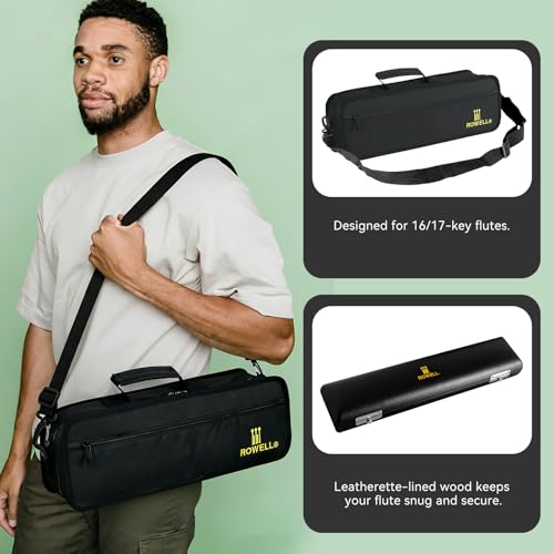 ROWELL Flute Bag and Case Set 600D Nylon Exterior and Leatherette-Wrapped Paulownia Wood Box with Supportive PVC Board Sponge Interior Ergonomic Strap for 16/17 Key Flute Travel and Performance