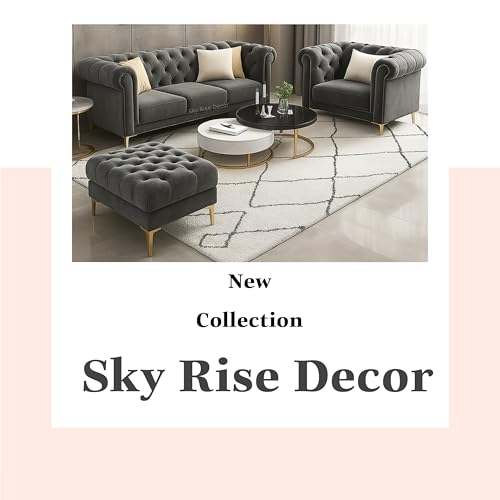 Image of Modern Classic 5 Seater Sofa Set Couch Fabric & Valvet Tufted 3+1+1Footrest Chesterfield Sofa Living Room and Office (Grey 3+1+1Footrest) | Premium Material