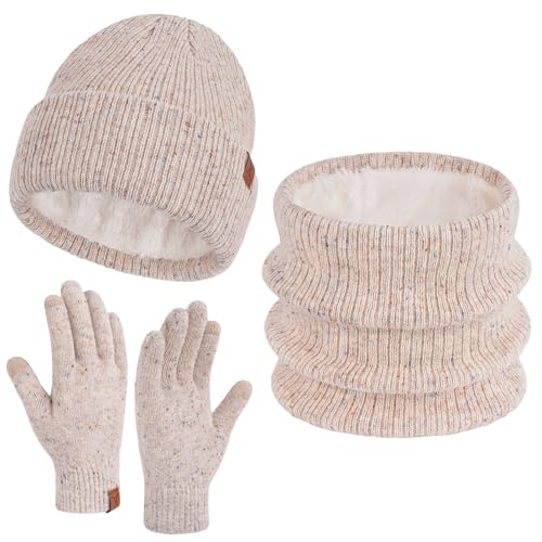 Bequemer Laden Conjunto Gorro Guantes Táctiles Bufandas Invierno Mujer - Beanie Tejido Caliente Polar, Calentador de Cuello, Guantes Trabajo Regalo Mujer