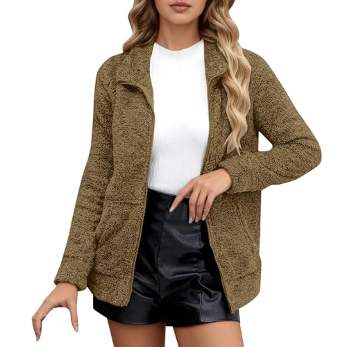 AMISENK Abrigo largo de invierno con cremallera completa y cuello alto para mujer, con aislamiento térmico, para clima frío, marrón, L