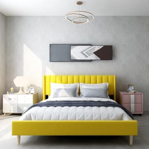 Image of Low Profile Upholstered Platform Bed with Winback Headboard | Bed Queen Size | Bed for Bedroom, Living Room | Bed Without Storage | Mattress not Included | Fabric Color:- Yellow