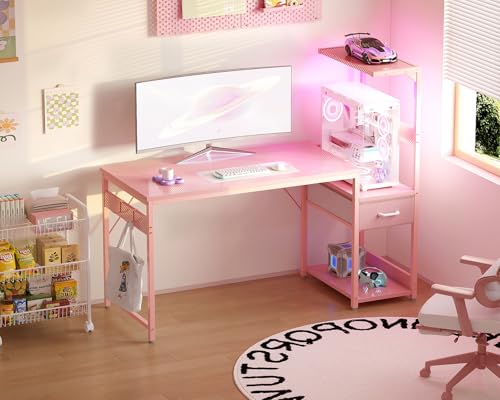 Image of Casaottima 48 Inch Gaming Desk with Storage & LED Lights, Reversible Computer Desk with Display Shelves & Fabric Drawer, Modern Gamer Desk Table with Side Headphone Hook, Carbon Fiber Pink