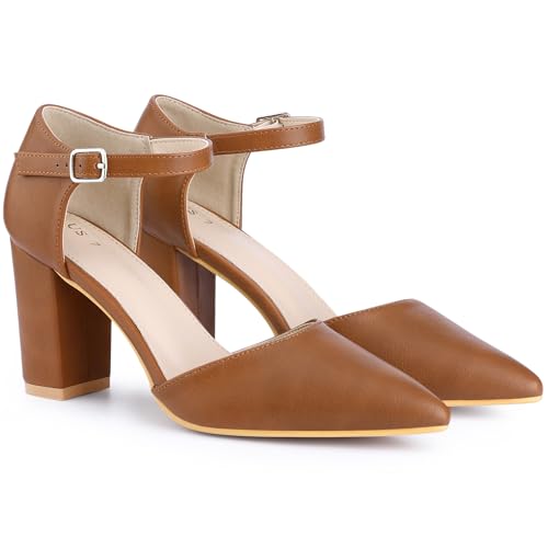 Perphy Pointed Toe Ankle Strap Dress Pumps Shoes Chunky Heels Pumps for Women